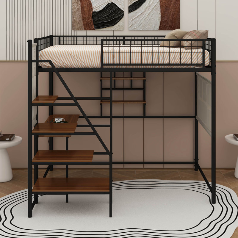 Full Size Loft Metal Bed With Charging Station And LED, Black