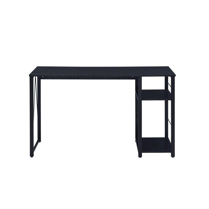 Rectangular Desk In Black, With 2 Tier Shelf And Stable Metal Open Base For Office Black Shelf, A Modern Work Area