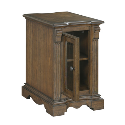 Brown Finish Chairside Table With Built - In Power, Glass Door, And Adjustable Shelf For Living Room Decor Classic Traditional Wood Color, Charging Ports, Single Cabinet, Storage Home