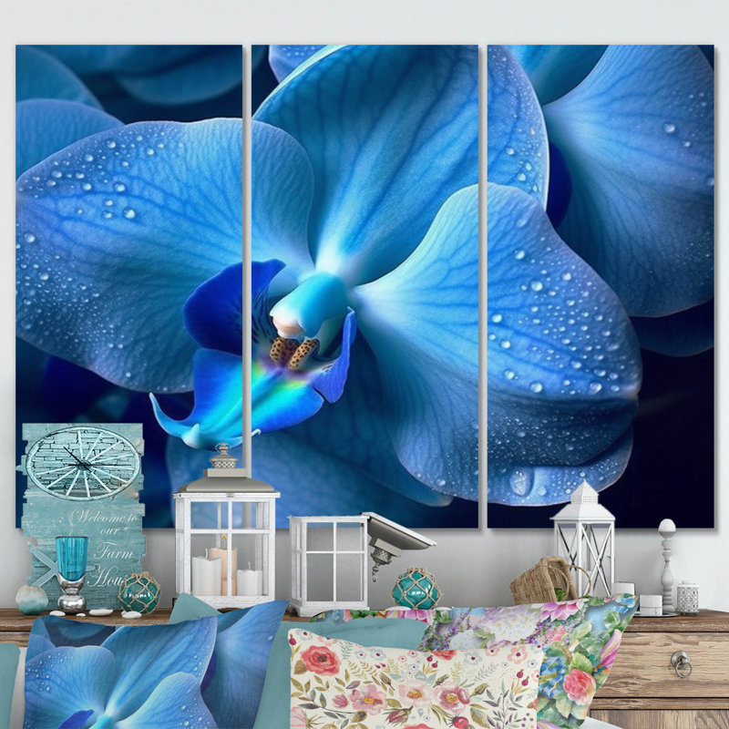 "Blue Exotic Orchids Elegance" sur toile, reproduction de 3 pièces, H 28 po x l 36 po x P 1 po