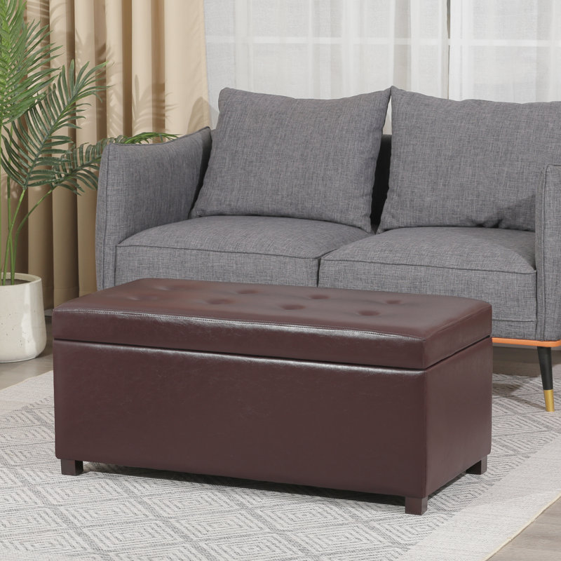 38 Inches Faux Leather Storage Ottoman Bench With Tufted Button, Brown
