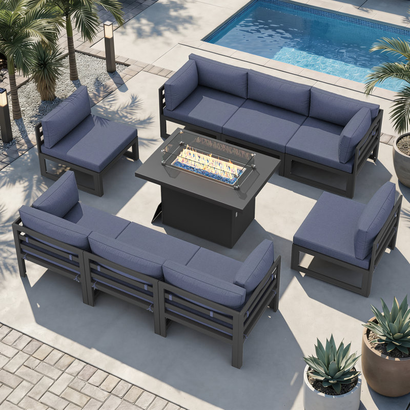 Anevaeh 8-Person Outdoor Patio All-Aluminum Sectional Conversation Set with Fire Pit Table and Cushions, Blue