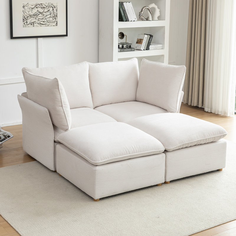 Hepworth 4 - Piece Corduroy Sectional Sofa With Two Ottomans, White Corduroy