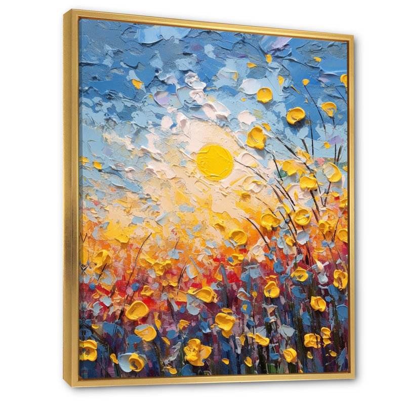 Champ de fleurs d'été de coquelicots et boutons d'or sur toile, Cadre flottant doré, 20" H x 12" W