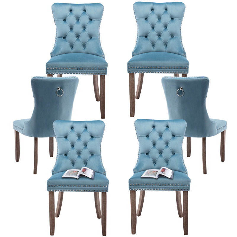 Light Blue Velvet Tufted Dining Chairs with Wood Legs, Set of 6