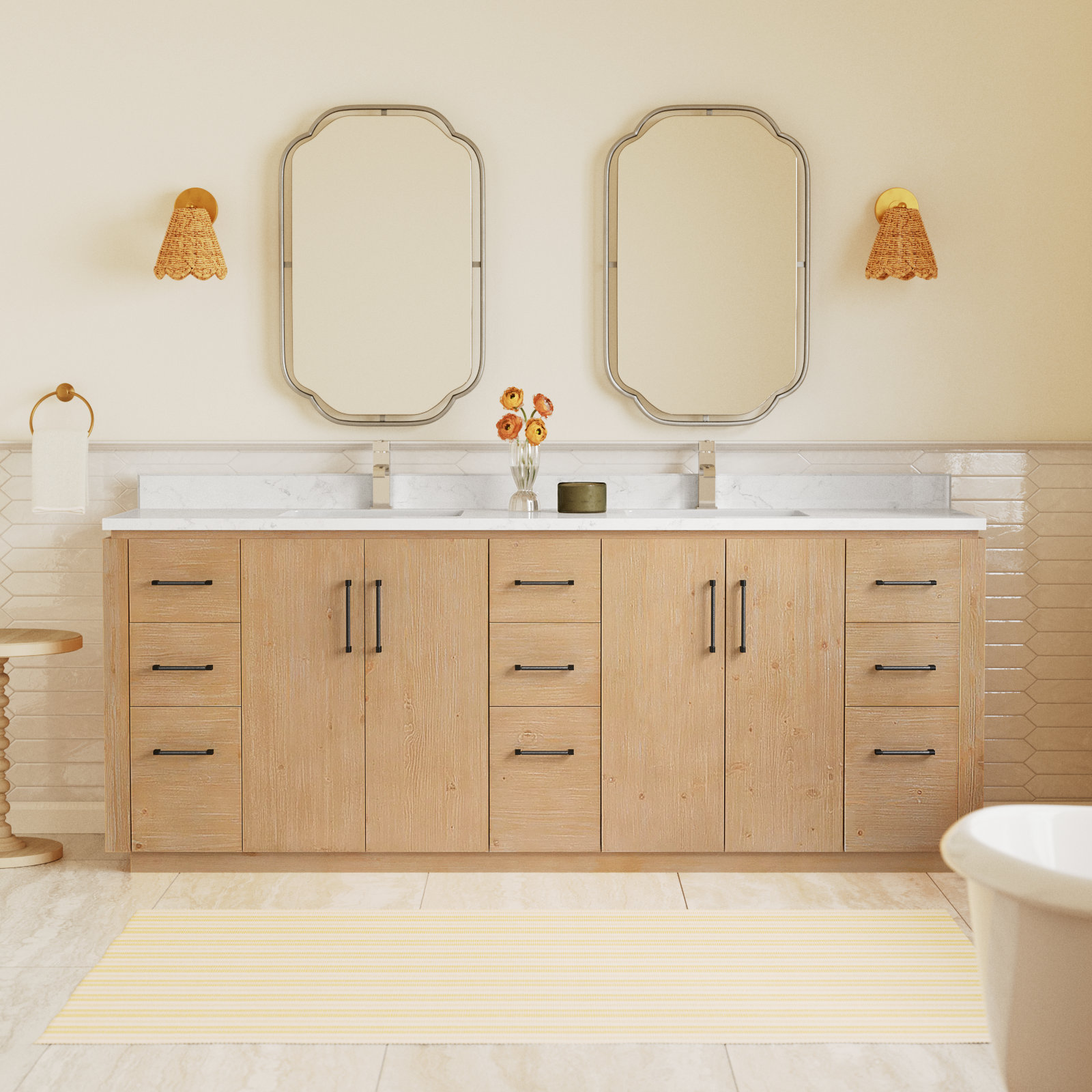 Cloverfield 84'' Double Bathroom Vanity, Fir Wood Brown, Matte Black