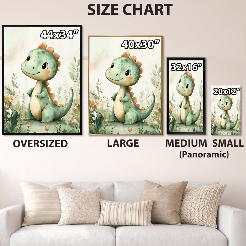 Petit dinosaure vert dans le jardin - Tableau encadré pour chambre d'enfant, H 32 po x l 16 po, White Picture Framed