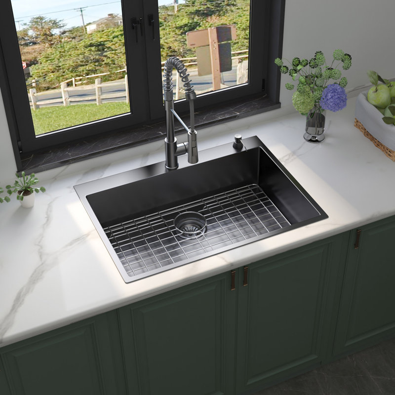 30X22 Inch Drop In Topmount 18 Gauge Stainless Steel Single Bowl Kitchen Sink With Pull Out Faucet, Matt Black