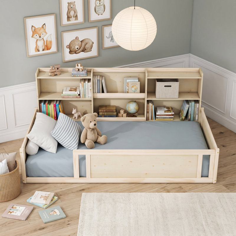 Montessori / Lit sur pied avec tablettes et barrières de sécurité, Lit simple, Naturel