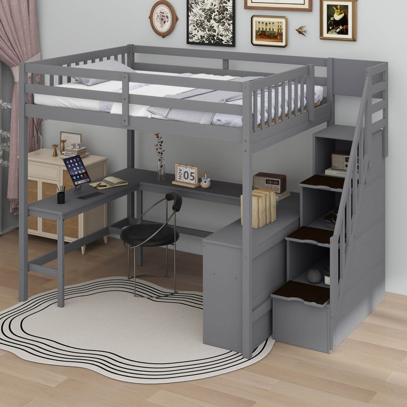 Lit mezzanine double avec bureau en L et escalier de rangement, Gris