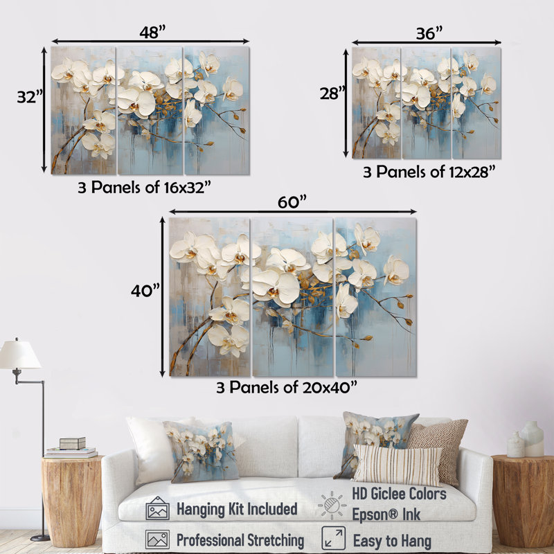 Élégance florale beige et or - ensemble de décorations murales orchidées, H 32 po x l 48 po x P 1 po