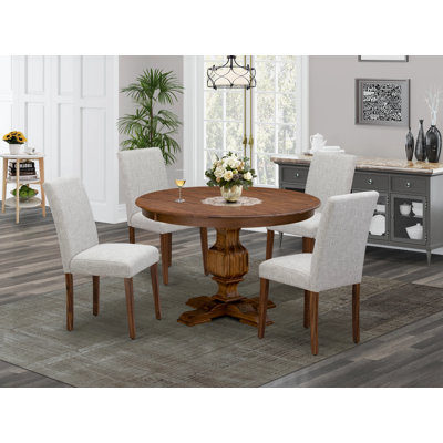 5 Piece Dining Room Table Set Includes a Round Kitchen Table with Pedestal and 4 Doeskin Linen Fabric Parsons Dining Chairs, Antique Walnut