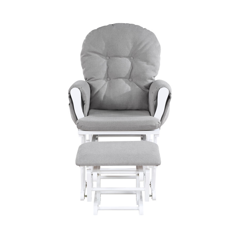 Fauteuil coulissant Mason et en bois gris avec tissu, glissade en douceur, coussin de dossier, rangement sur les poches latérales, coin paisible à huître blanche arquée, capitonnage à boutons silencieux, poche, design