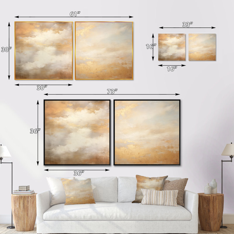 Magic Sky Simplicity IV - ensemble de 2 collages carrés ciel, Cadre flottant doré, H 16 po x l 33 po