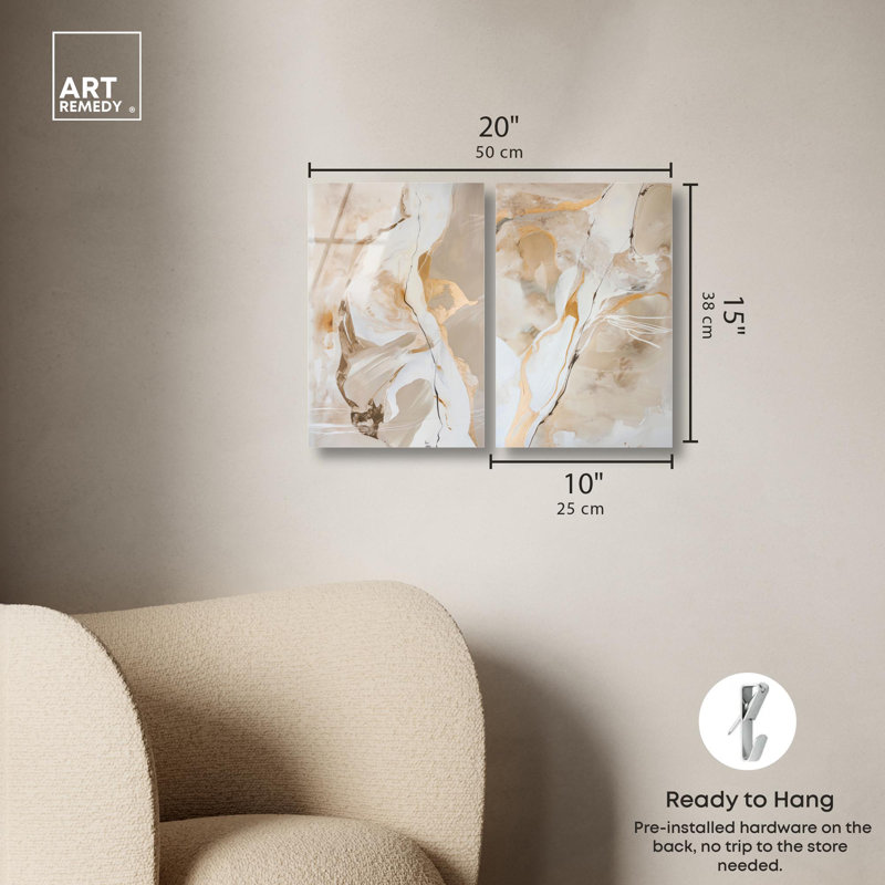 Ensemble de 2 panneaux luxueux à motif abstrait en or doré , H 15 po x l 20 po