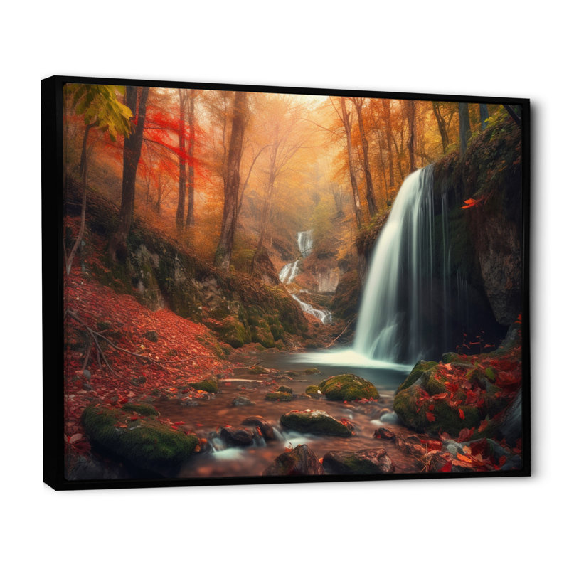 Chute d'eau dans la forêt d'automne II - impression, H 34 po x l 44 po x P 1,5 po, Cadre flottant noir