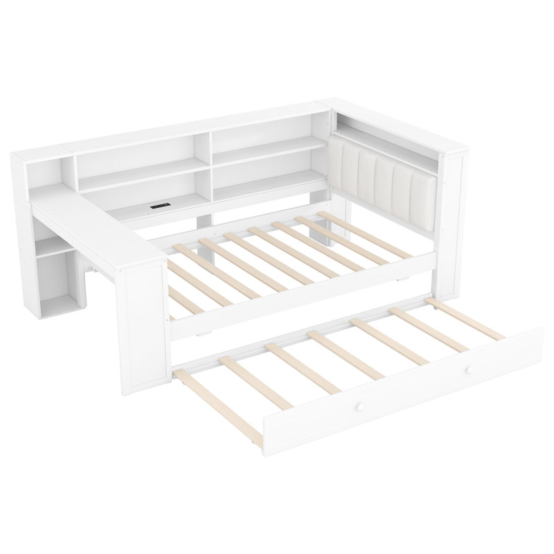Daybed With Shelves, Trundle, Charging Station, Led, Desk And Upholstered Headboard, White, Twin