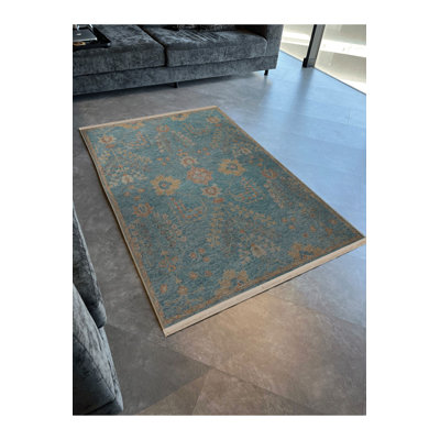 Tapis bleu lavable décoratif à motif floral frangé traditionnel bleu