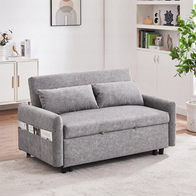 55.1" Pull Out Sleep Sofa Bed Loveseats Sofa Couch With Adjsutable Backrest, Storage Pockets, 2 Soft Pillows, USB Ports For Living Room, Bedroom, Apartment, Office,Grey