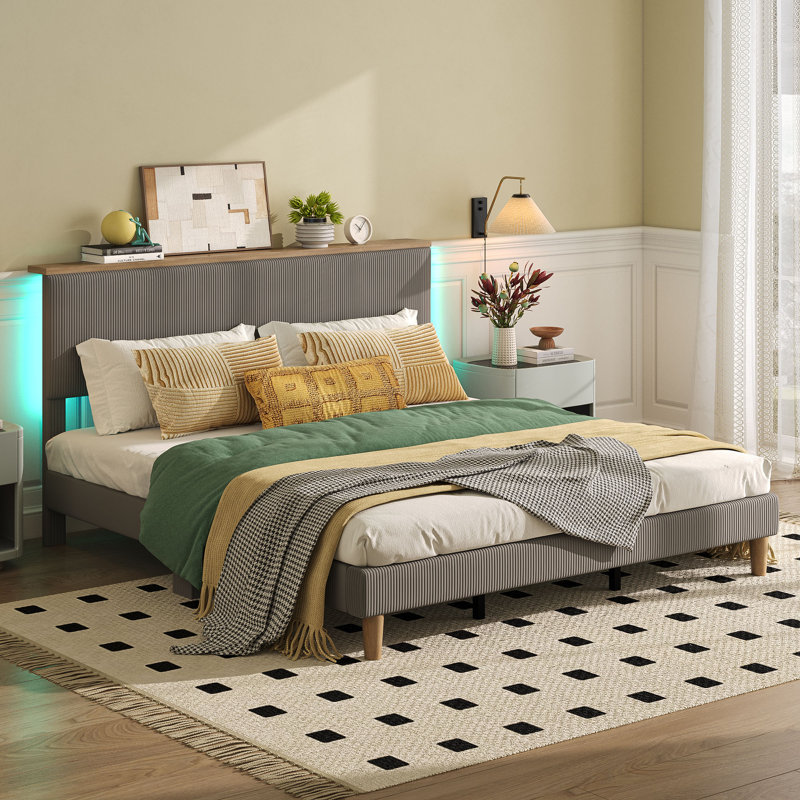 Velvet Upholstered Platform Bed Frame With Storage Headboard And LED Lights, Gray, Queen