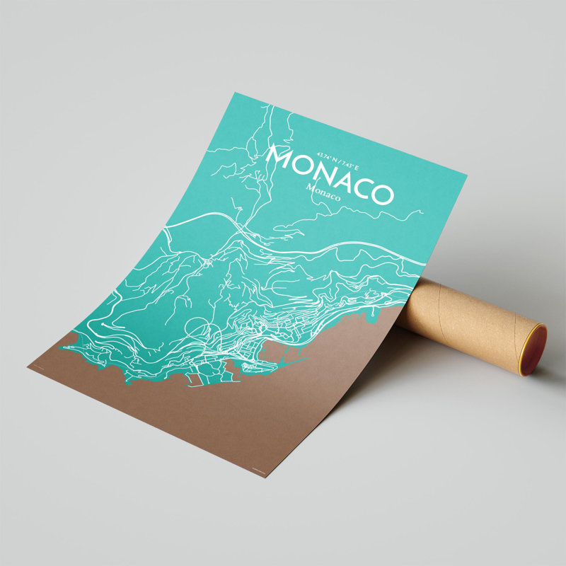 Monaco City Map, impression, H 17 po x l 11 po, Vert / brun