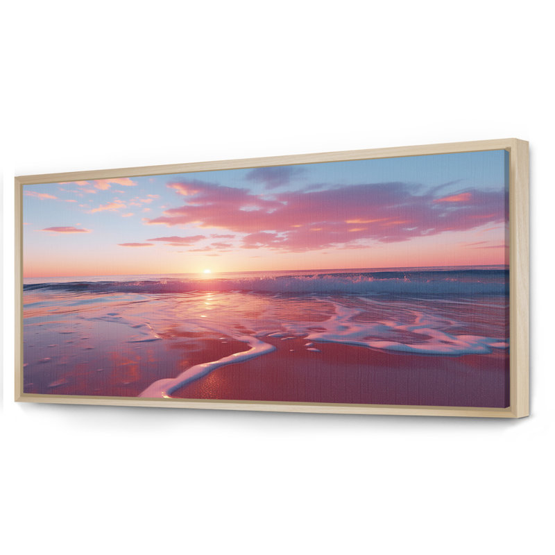 «Beach Cotton Candy Sunset Skies II» - art mural coucher de soleil côtier, H 28 po x l 60 po x P 1,5 po, Cadre flottant brun