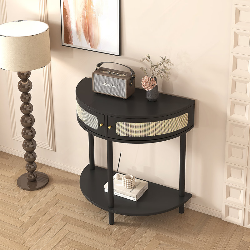 Unique Half Moon Design End Table with Sliding Door,Elegant Semi-circle Entryway