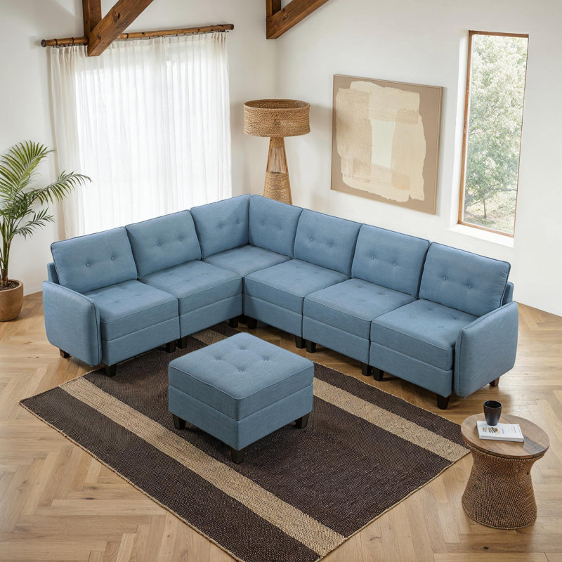 Hultgren 112" Modern & Contemporary 7-Piece Sectional Sofa - Textured Upholstery Sectional Sofa, Hidden Storage, Ottoman