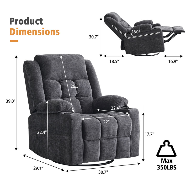 Red Barrel Studio Electric Power Swivel Rocker Recliner Chair with Heat and Massage, Dark Gray