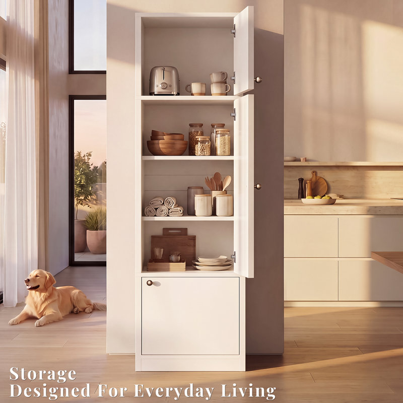 OMCMUU 71" Tall Freestanding Kitchen Pantry Cabinet, 15.7"W x 15.7"D x 71"H Narrow Storage Cupboard with 3 Doors & Adjustable Interior Shelves, Food Storage Cabinet for Kitchen Dining Room, White & Walnut Finish, Anti-Tip Kit Included