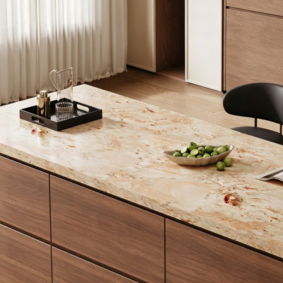 Modern Kitchen Island with Natural Marble Top, 6 Drawers and Integrated LED Lighting, Fully Assembled Freestanding Kitchen Island for Dining Room