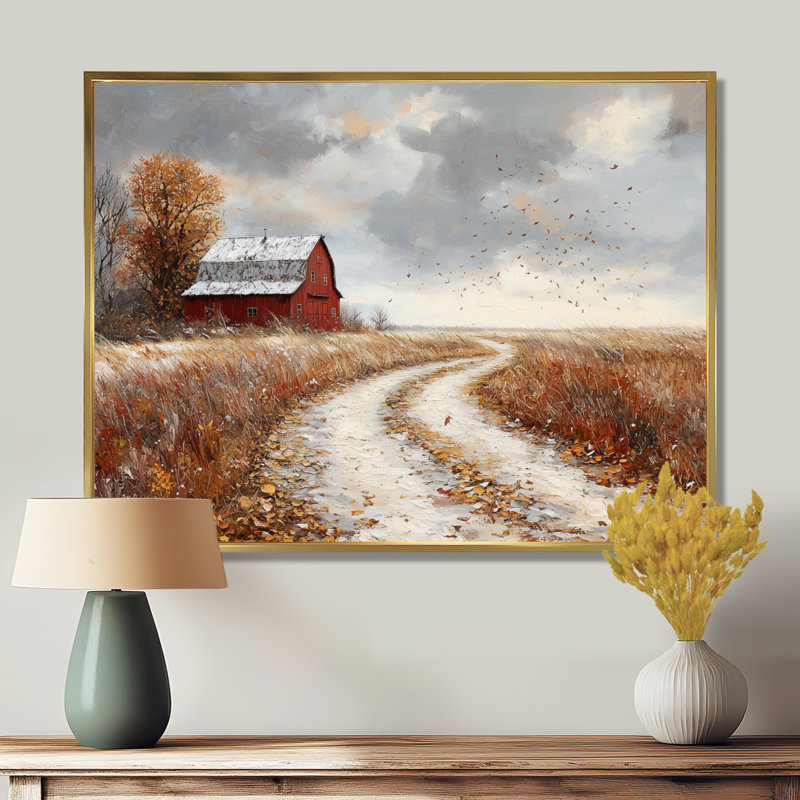 Doyal Windy Prairie Leaves Path To The Farm III - feuilles, art mural, H 30 po x l 40 po, Impression encadrée flottante, Doré