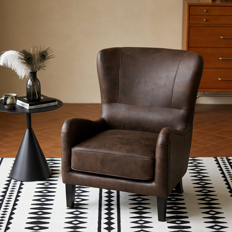 Pu Leather Wingback Armchair Accent Chair With Solid Wood  Legs