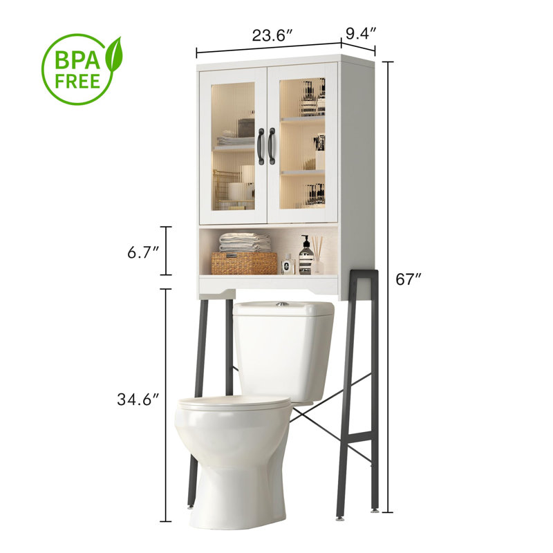 Over The Toilet Storage Cabinet With Tempered Glass Doors & Metal Stand, White