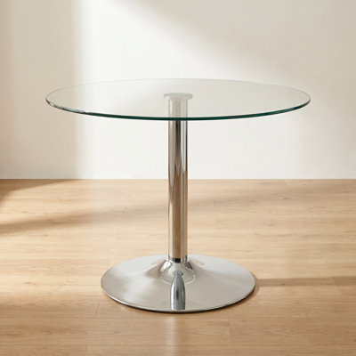 Modern Clear Round Tempered Glass Dining Table with Metal Base