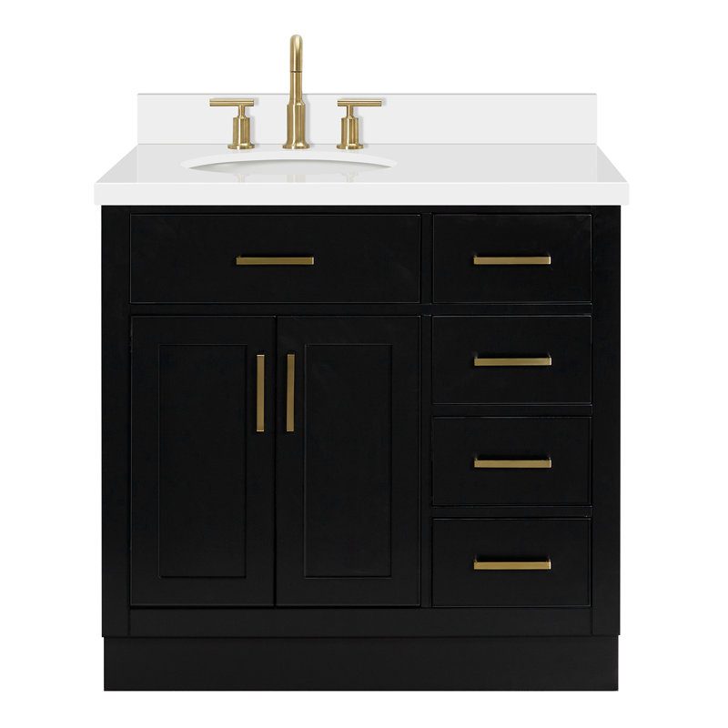 Meuble-lavabo simple en bois massif 36 po Tidworth avec plateau en quartz 1,5 po, Noir/laiton, Ovale, Gauche