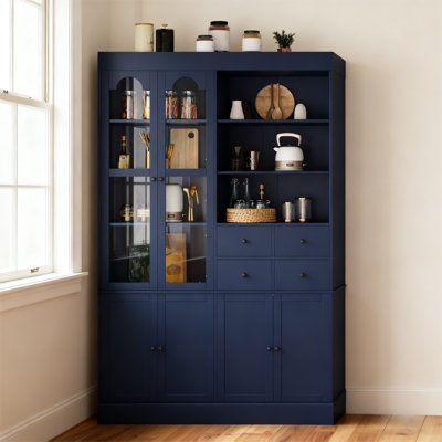 47.2" Farmhouse Freestanding Buffet with Hutch, Tall Kitchen Pantry Cabinet with 4 Drawers, Tempered Glass Doors & Adjustable Shelves for Dining Room by One Allium Way