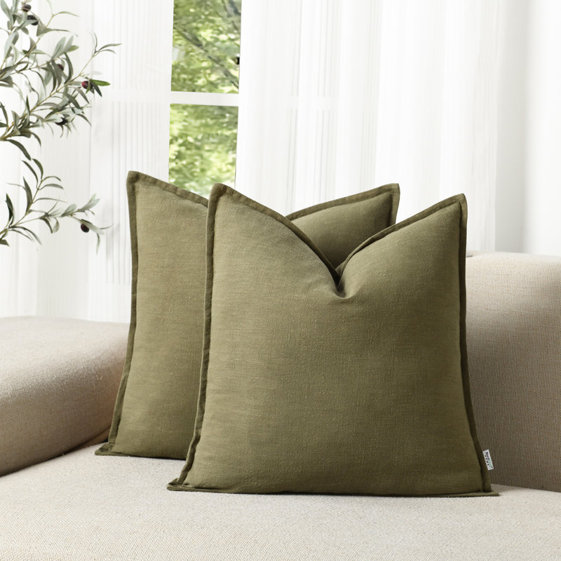 Boho Farmhouse Pillow Cover Soft Boho Farmhouse Washed Linen Textured Cotton Throw Pillow Covers, Olive Green, Square 18"