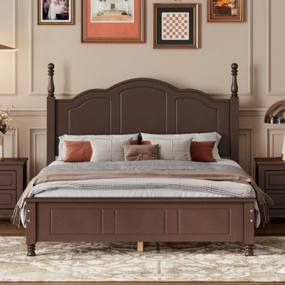 Full Size Wood Platform Bed In Retro Style With Dark Walnut Finish And Solid Slat Support Wooden