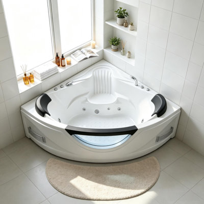 Baignoire d'angle à jets 59 po, baignoire d'hydromassage en acrylique, grande capacité 96,27 gal, trop-plein intégré pour 2 personnes