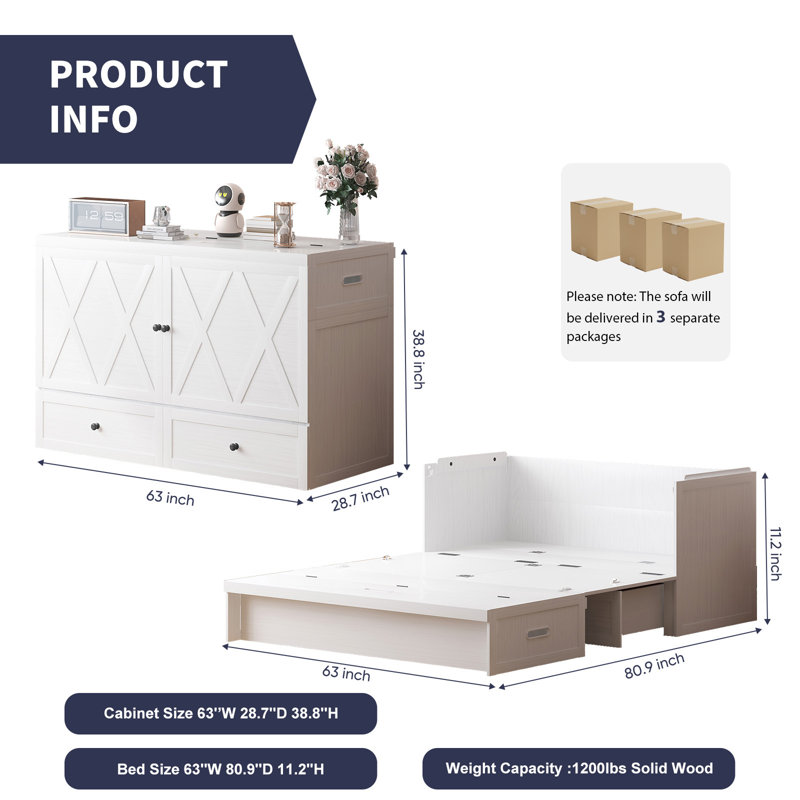 Queen Farmhouse Murphy Bed with Storage & Charging | Space-Saving Cabinet Bed for Guest Room, Apartment & Home Office, White
