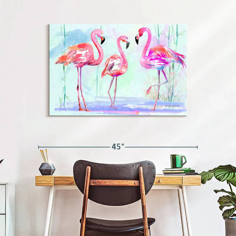 Trio flamant rose Brampt sur fond bleu, H 26 po x l 39 po
