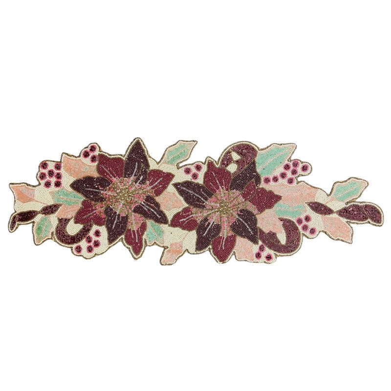 Chemin de table poinsettia en perles - Chemin de table floral artisanal en perles de verre orné de feuilles et de baies, idéal pour les fêtes de fin d'année, les réceptions et la décoration de table festive.