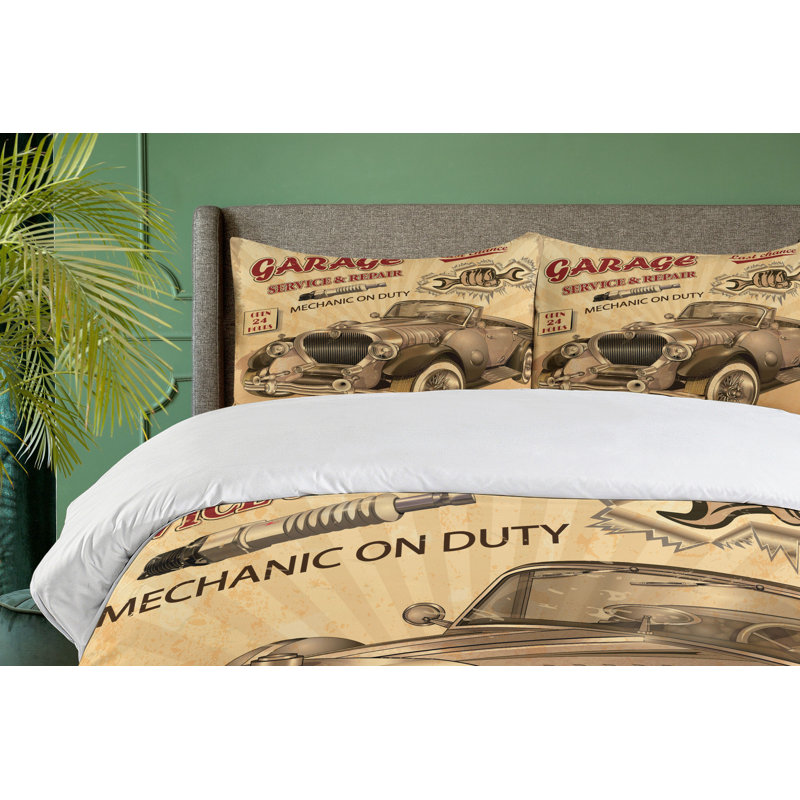 Twin Vintage Car Print Polyester Duvet Cover Set