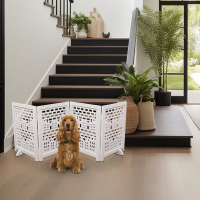 4-Panel Foldable Wooden Dog Gate with House Design