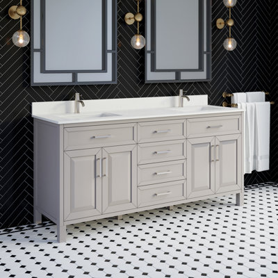 Terrence II Solid Wood 72" W X 22" D Double Sink Bathroom Vanity In Essential Gray With Stealth Organizer And Engineered Stone Top