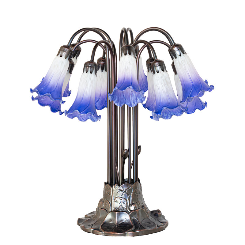 24" High Blue/White Tiffany Pond Lily 12 Light Table Lamp, 24", White/Blue