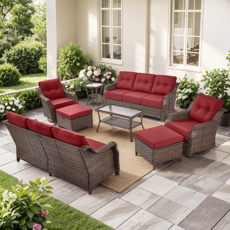 Elona 8-Piece Outdoor Sofa Seating Group With 2 Sofas And 6" Thickness Cushions, Red
