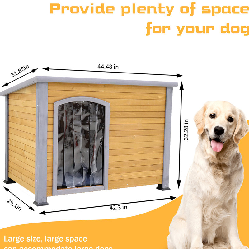 Niche pour chien en bois massif 45 po - Rideau en plastique, tapis imperméable pour l'hiver