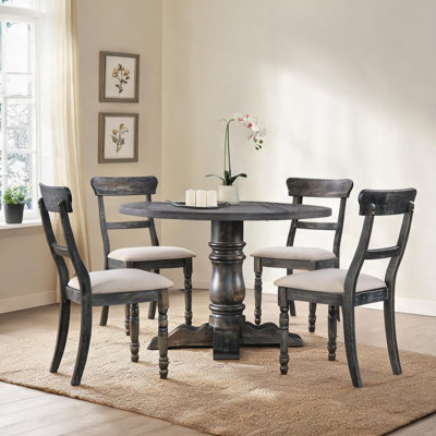 Table de salle à manger ronde avec placage en chêne gris neutre, base piédestal de 47 pouces pour cuisine ou salle à manger 4 places